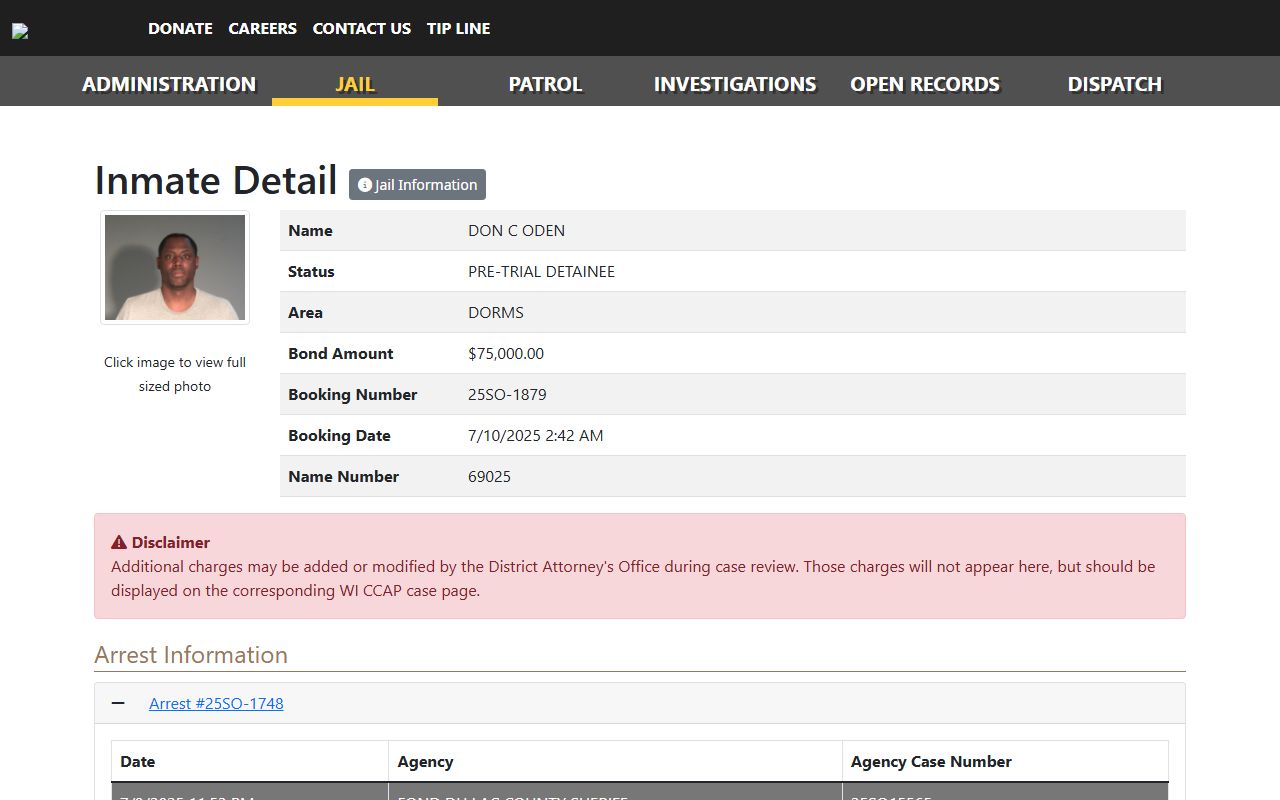 Fond du Lac County inmate record detail with arrest and court fields